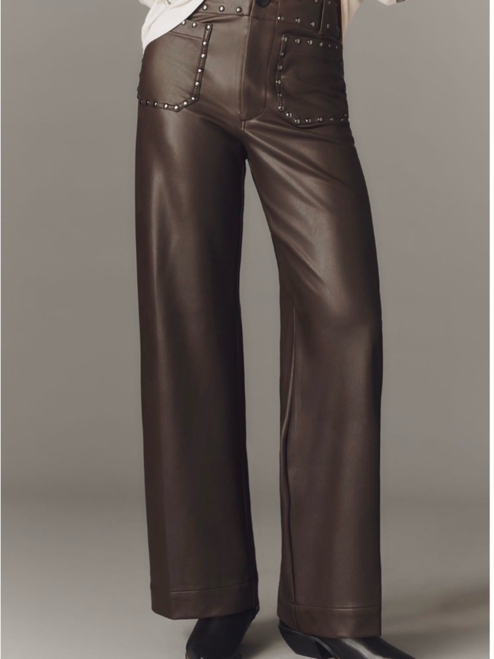 Anthropologie Colette Full-Length Faux Leather Studded brown pants 31 western - Picture 1 of 11